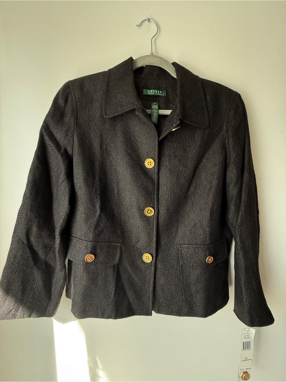 Lauren Ralph Lauren Dark Charcoal Linen Button Blazer Women Preppy size 12